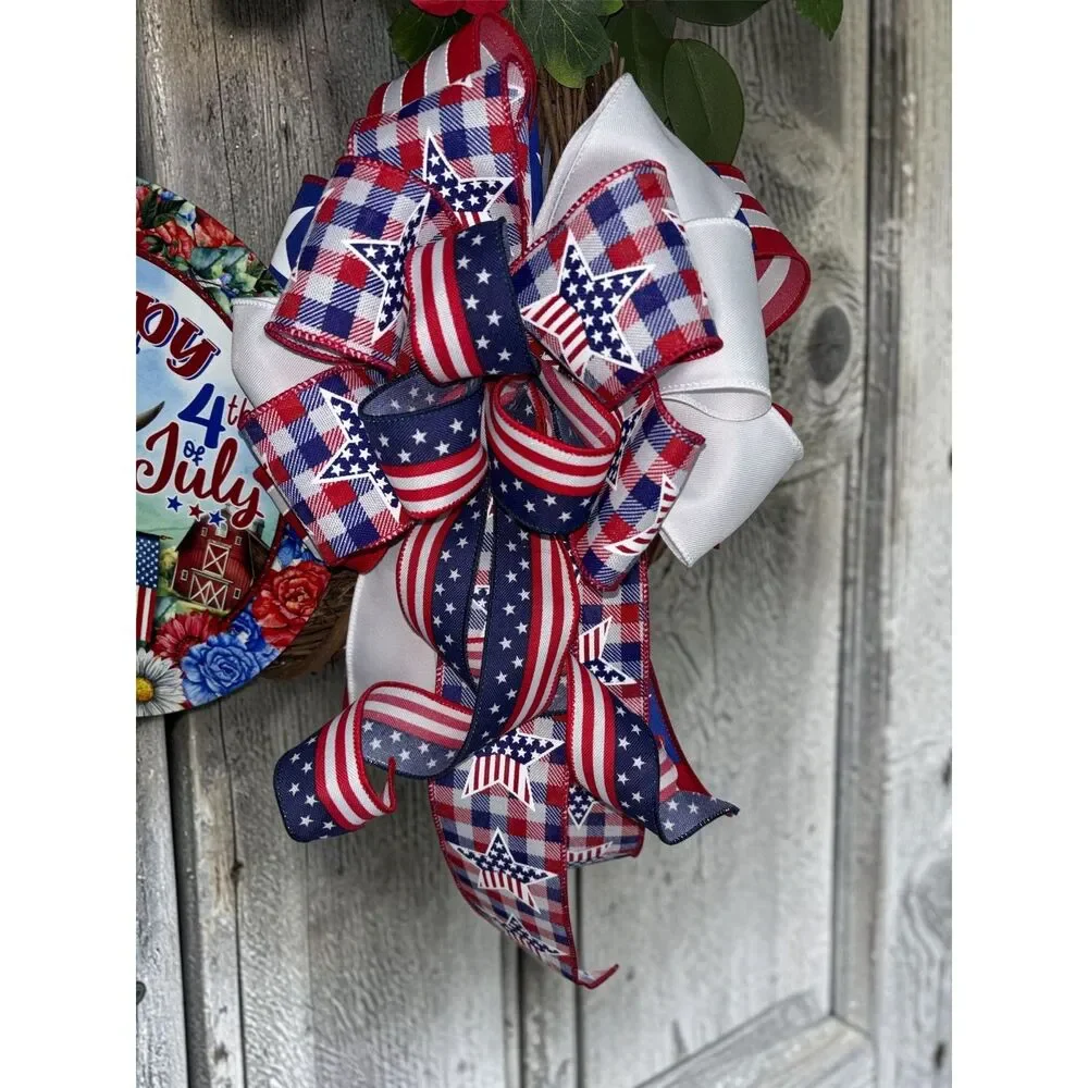 Happy 4th of July Floral Grapevine Wreath with Highland Cow Sign
